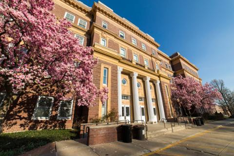 Russ Hall Exterior Spring Cherry Blossom Tree Pillars