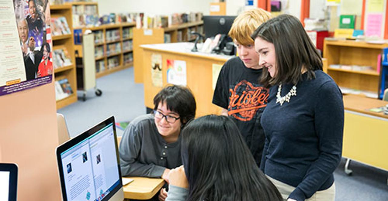 Librarian with students