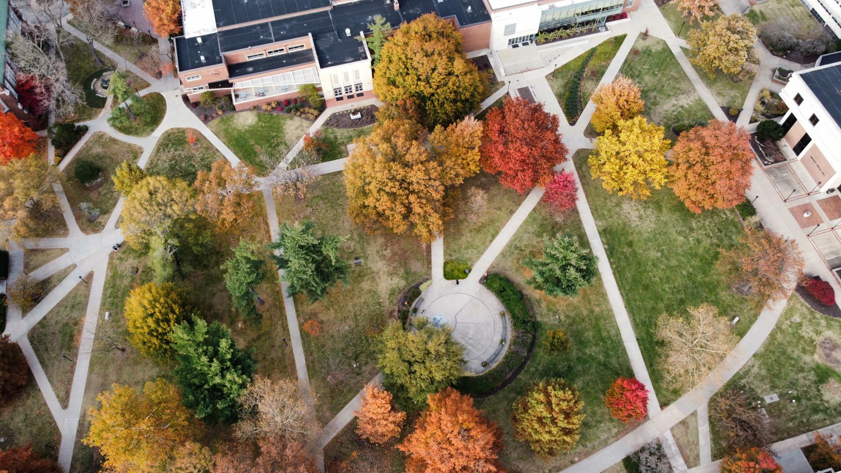 aerial photo of campus in the fall