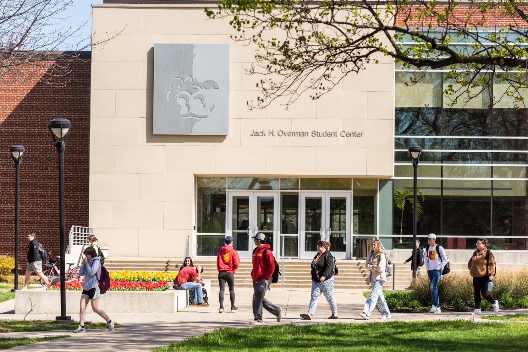 overman student center exterior with students walking by