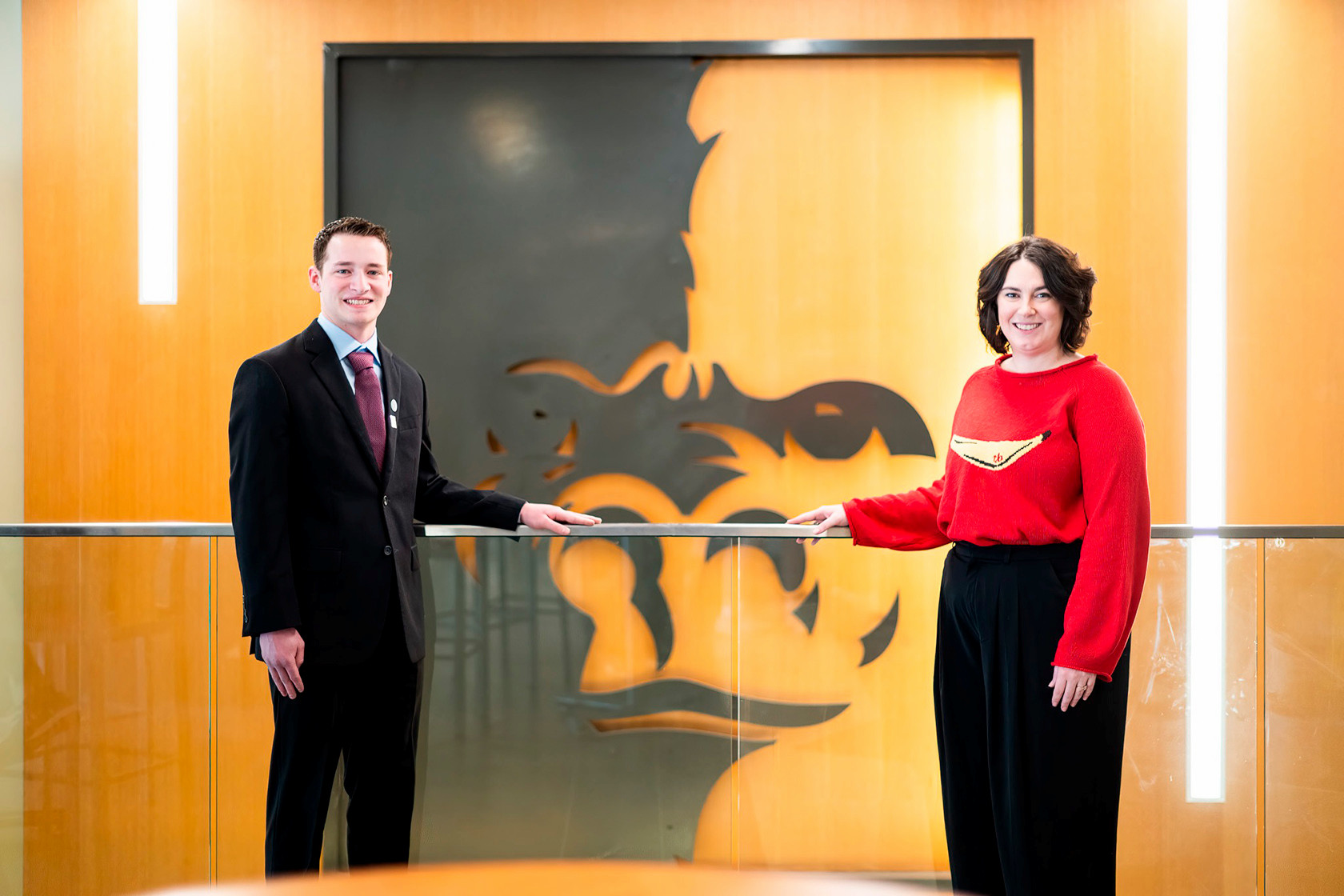 Two students pose for a photo in the Overman 