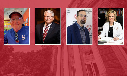 Headshots of each of the alumni award winners in a red graphic