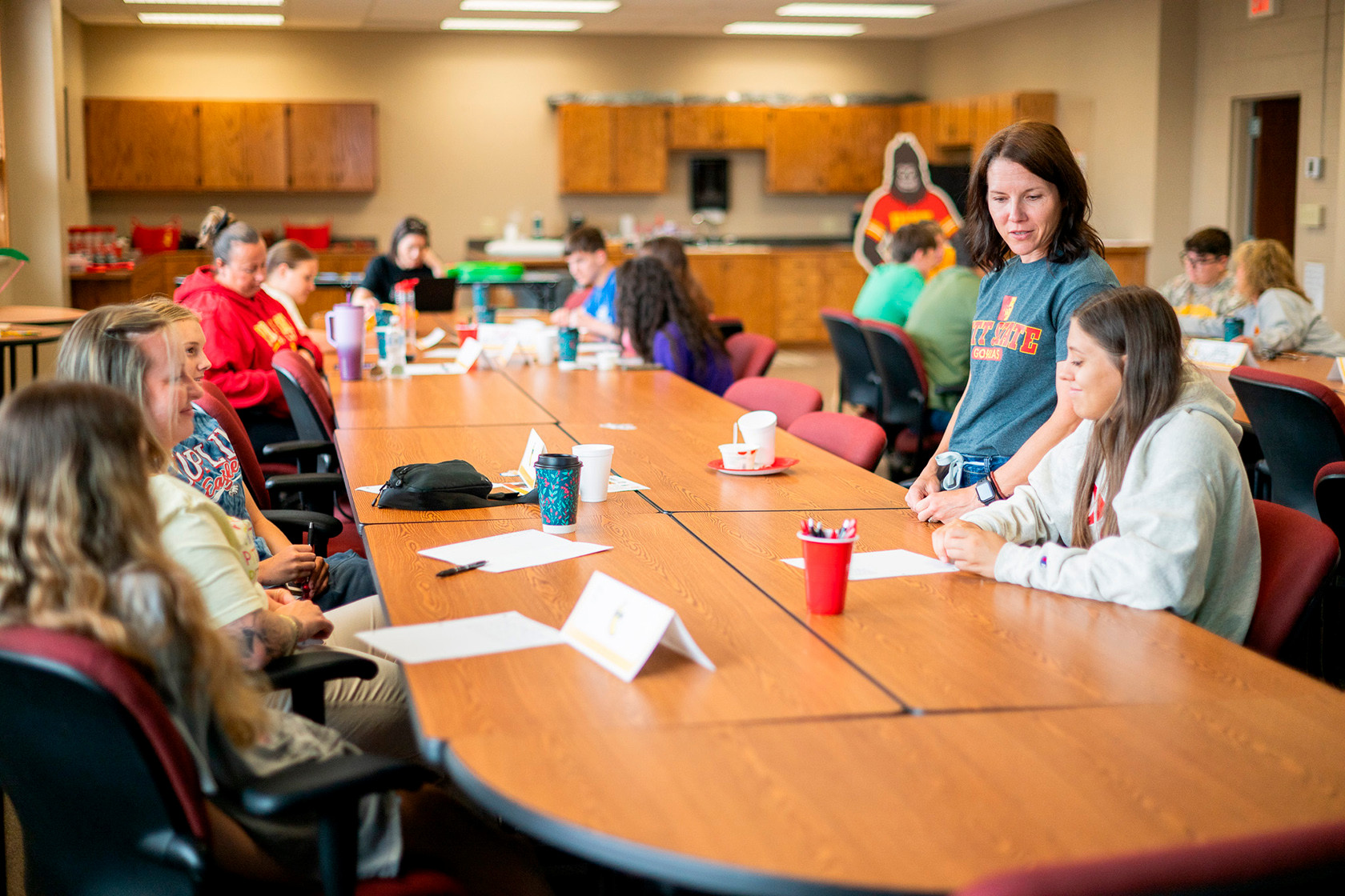 Students work as professors talk and work with them