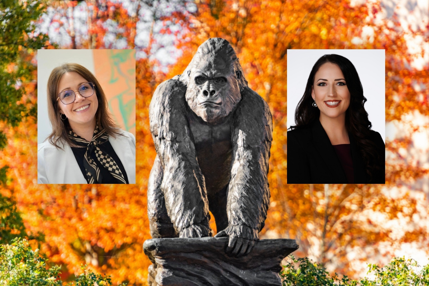 two alumni and a gorilla sculpture with fall colors in the background