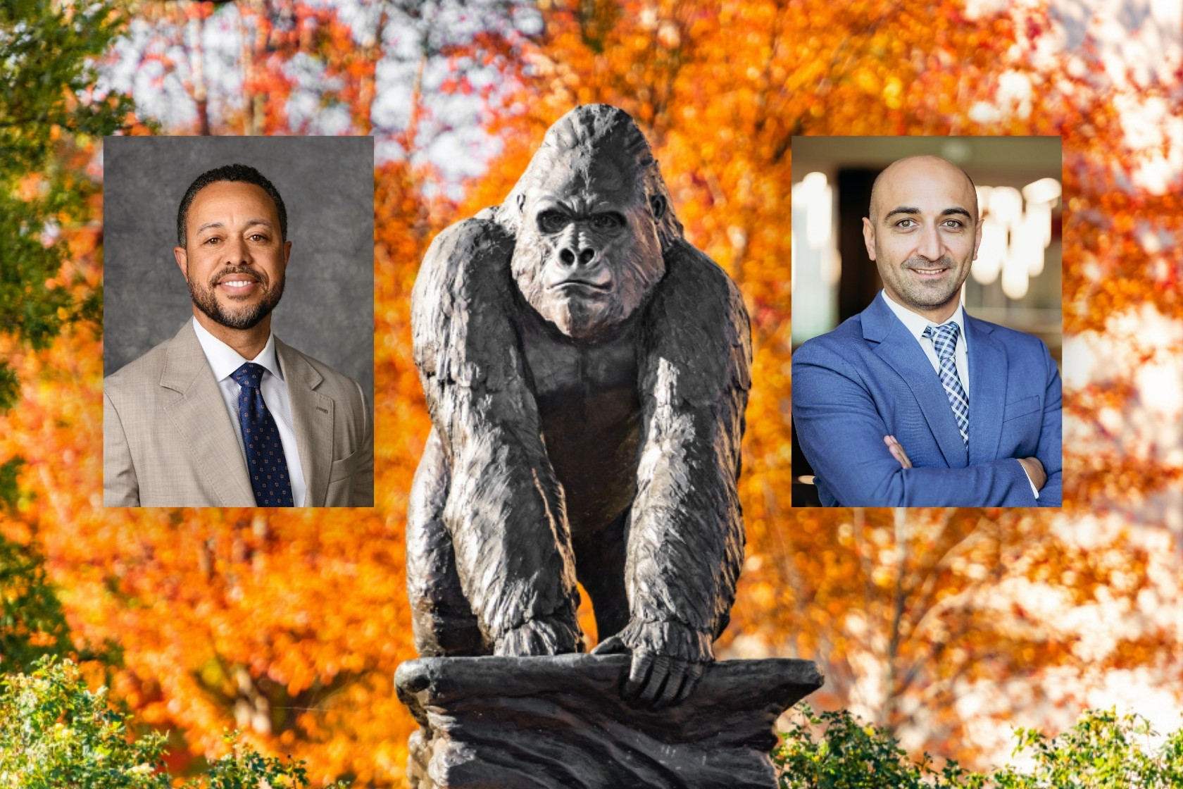 two alumni and a gorilla statue with fall colors in the background