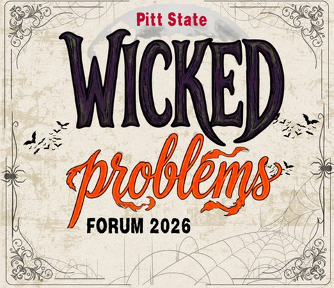 Pitt State Wicked Problems Forum 2026 logo with orange and black text with spiderwebs and bats