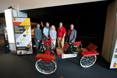 Engineering majors with mechanical design project at Pittsburg State