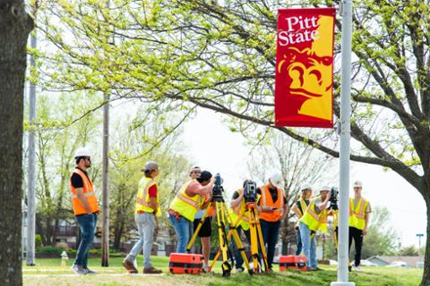 construction management majors doing surveys at Pitt State